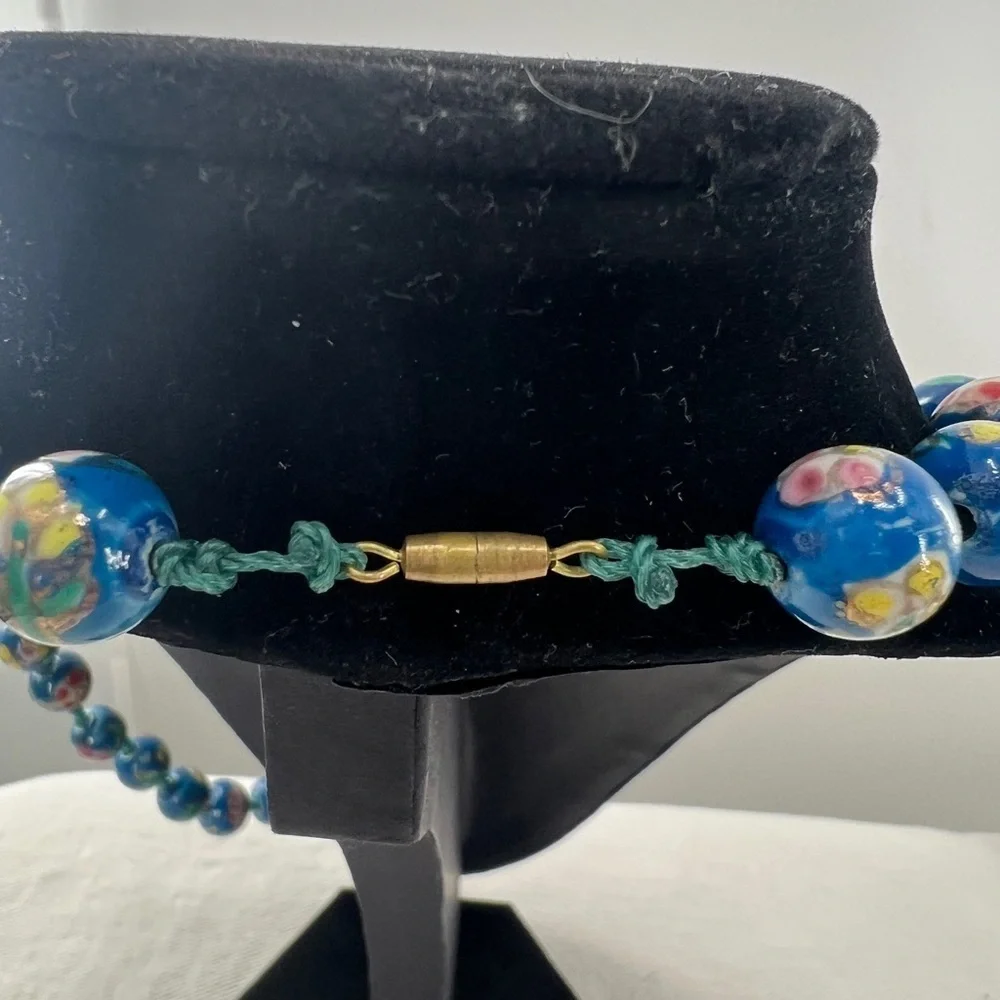 Vintage Blue Cloisonne Double Hand Knotted bead necklace and earrings